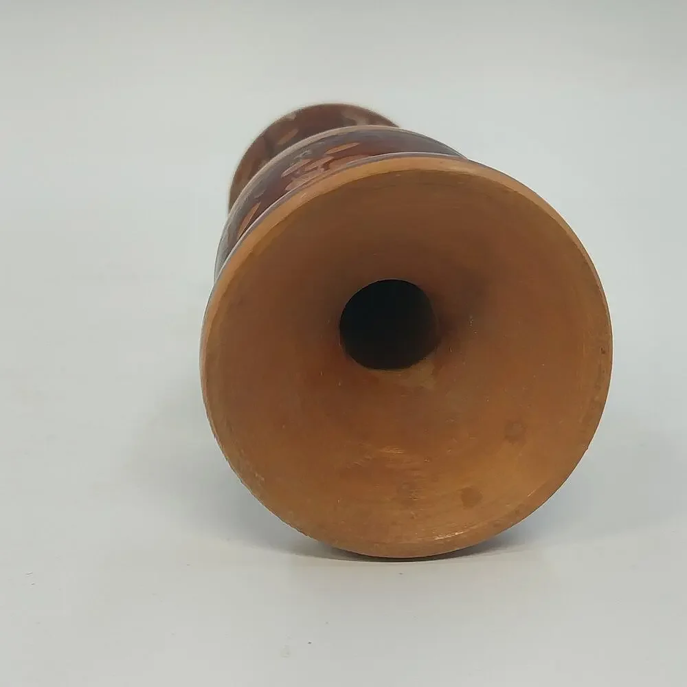 Hand Crafted Wooden Bud Vase Brown Carved Detailed Inlay Folk Art 6.9